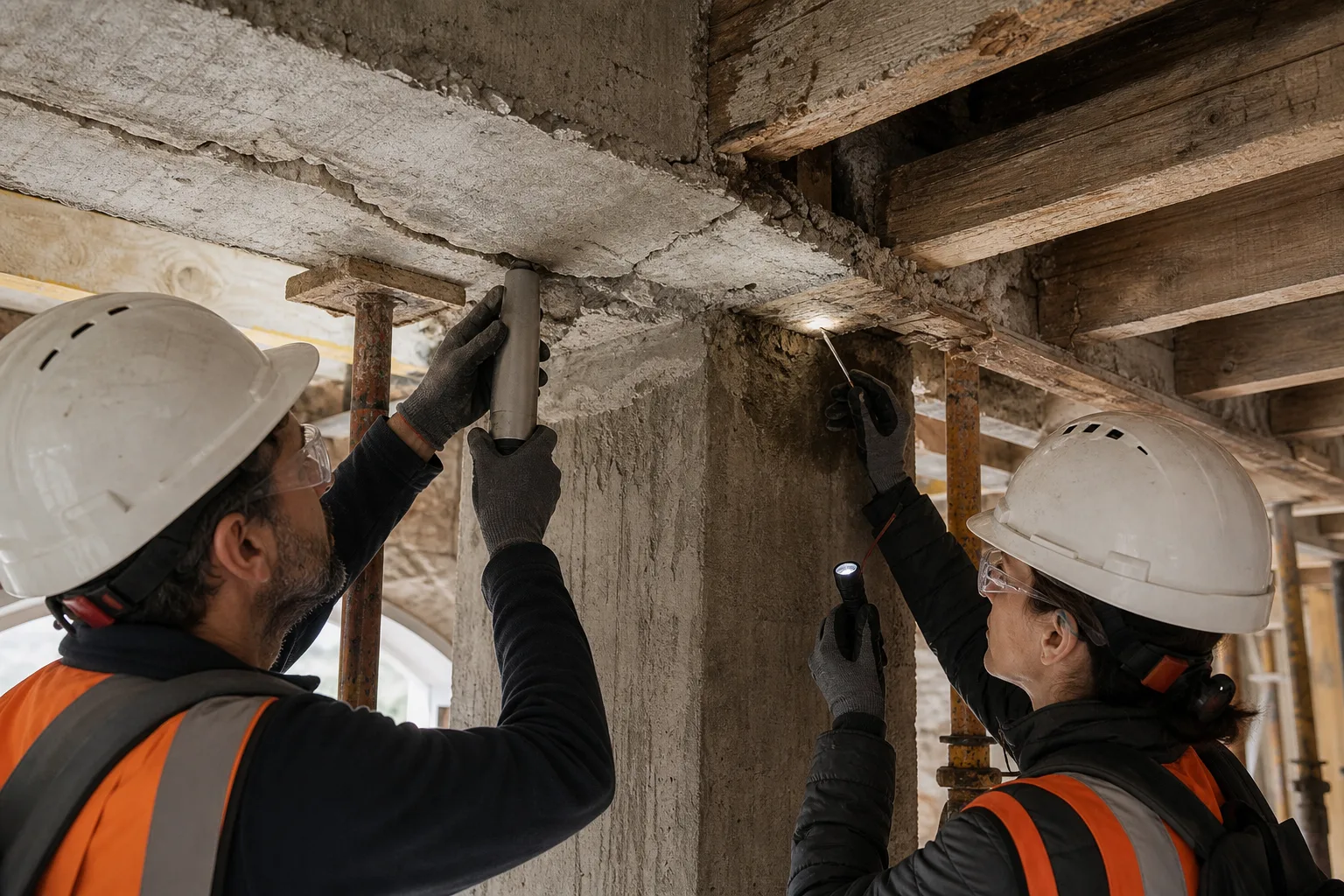 Especialistas diagnosticando una estructura de hormigón y madera durante la rehabilitación de un edificio