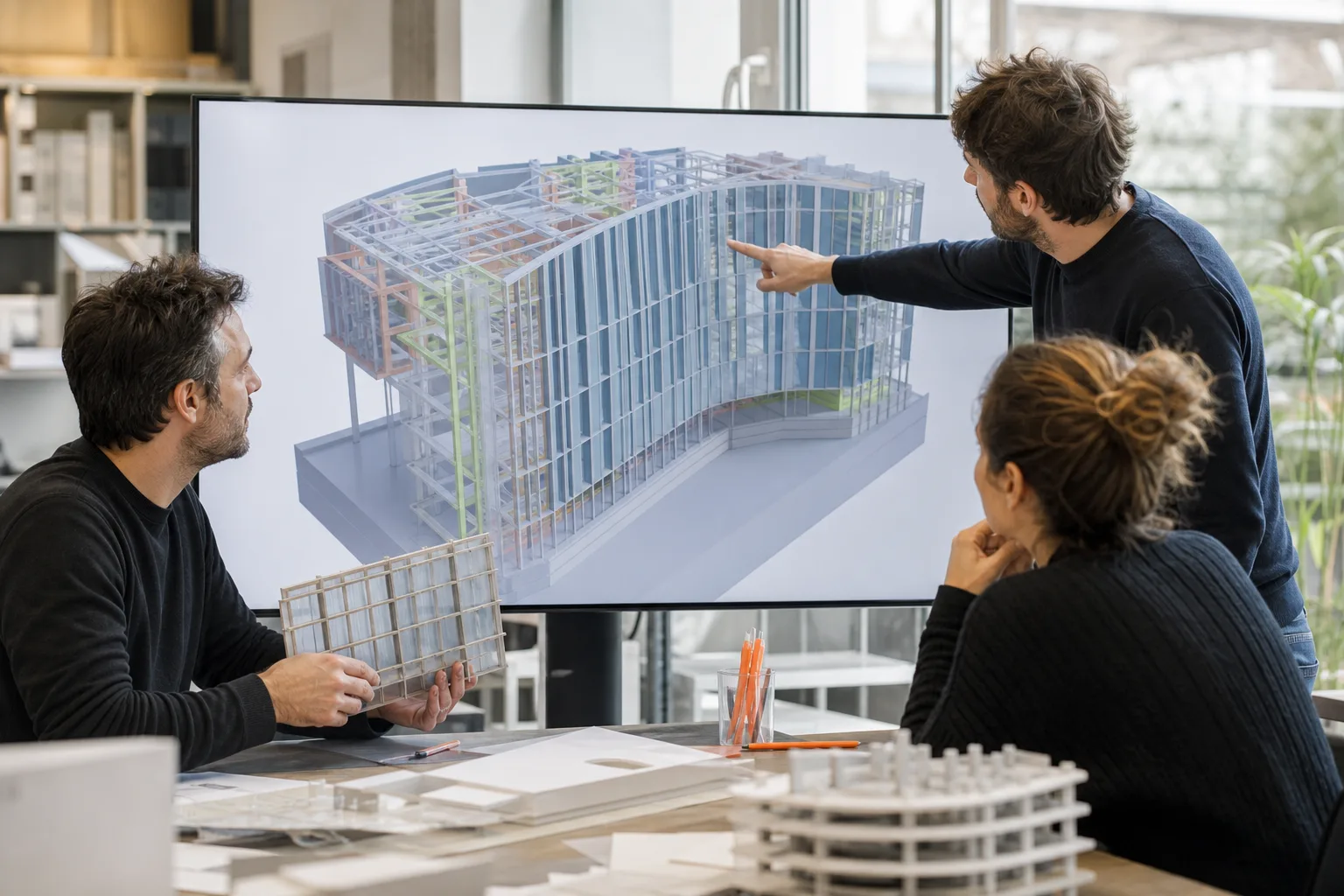 Equipo de arquitectura coordinando un modelo BIM avanzado de fachada y estructura