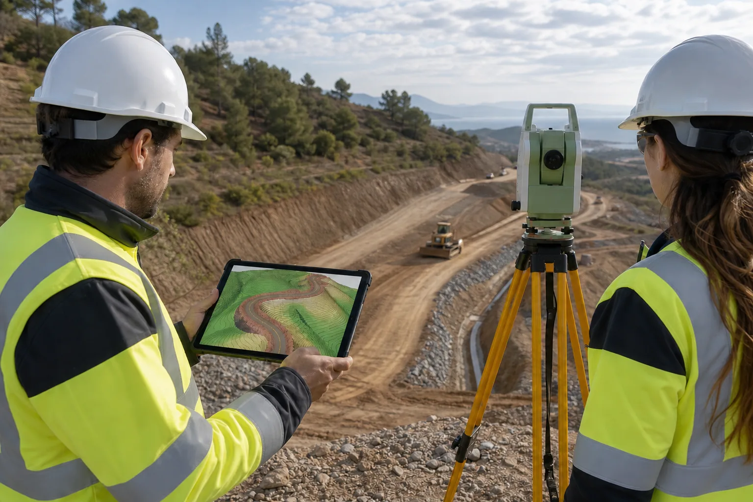 Ingenieros revisando un modelo digital del terreno durante una obra lineal