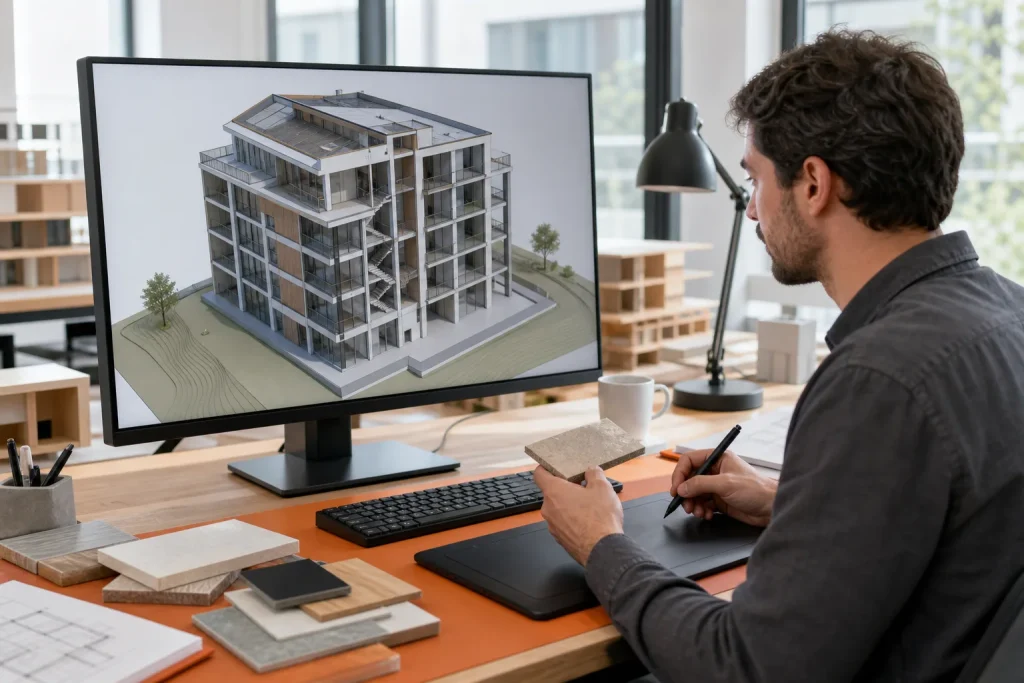 Técnico de arquitectura trabajando con un modelo BIM completo de un edificio residencial