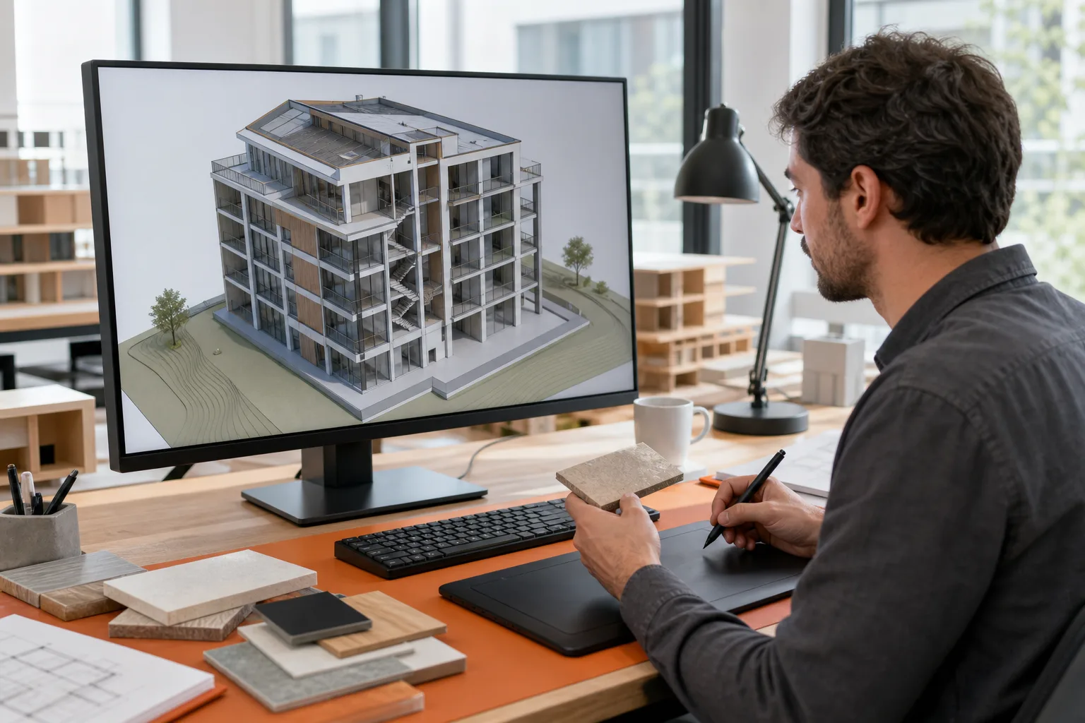 Técnico de arquitectura trabajando con un modelo BIM completo de un edificio residencial