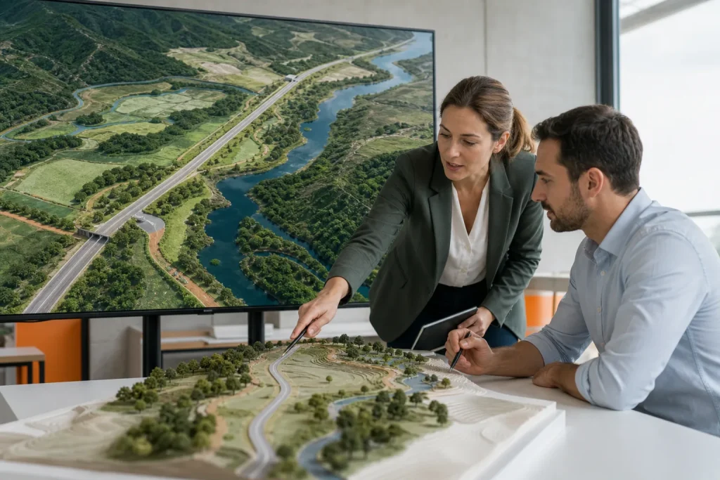 Especialistas analizando la integración ambiental de una infraestructura sobre un modelo tridimensional del territorio