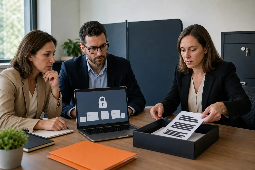 Equipo profesional realizando una revisión práctica de privacidad y protección de datos