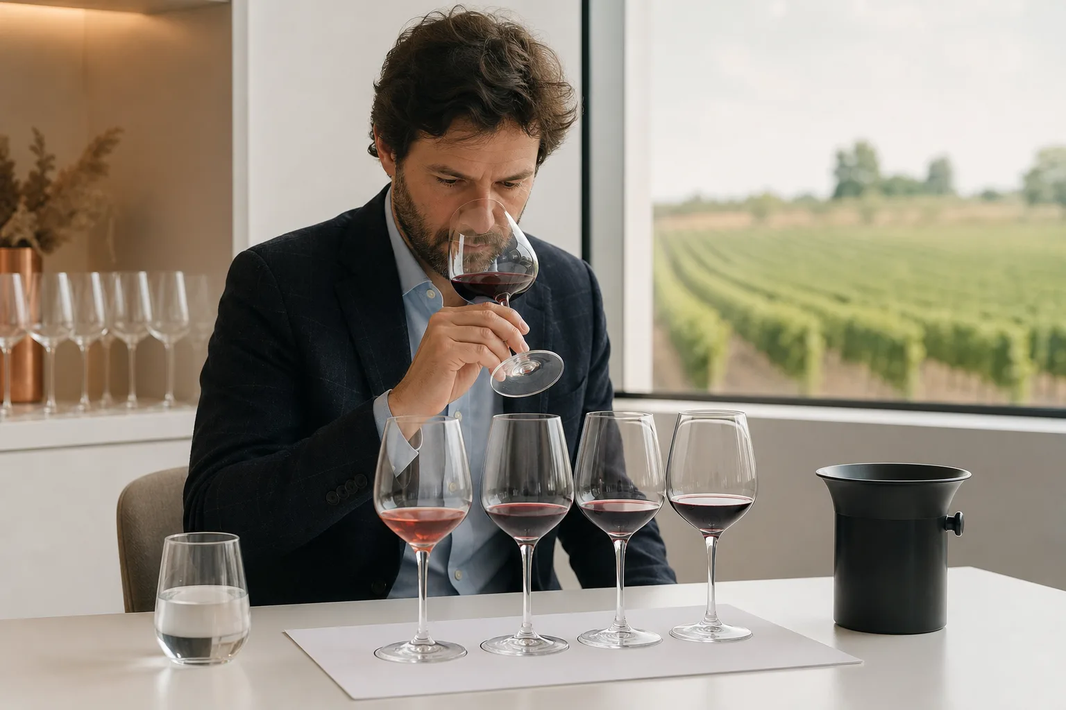 Sumiller realizando un análisis sensorial profesional de distintos vinos