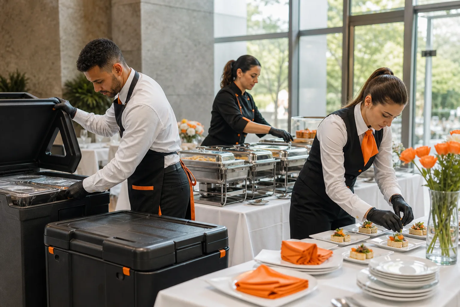 Equipo profesional preparando el montaje y servicio de un catering para eventos