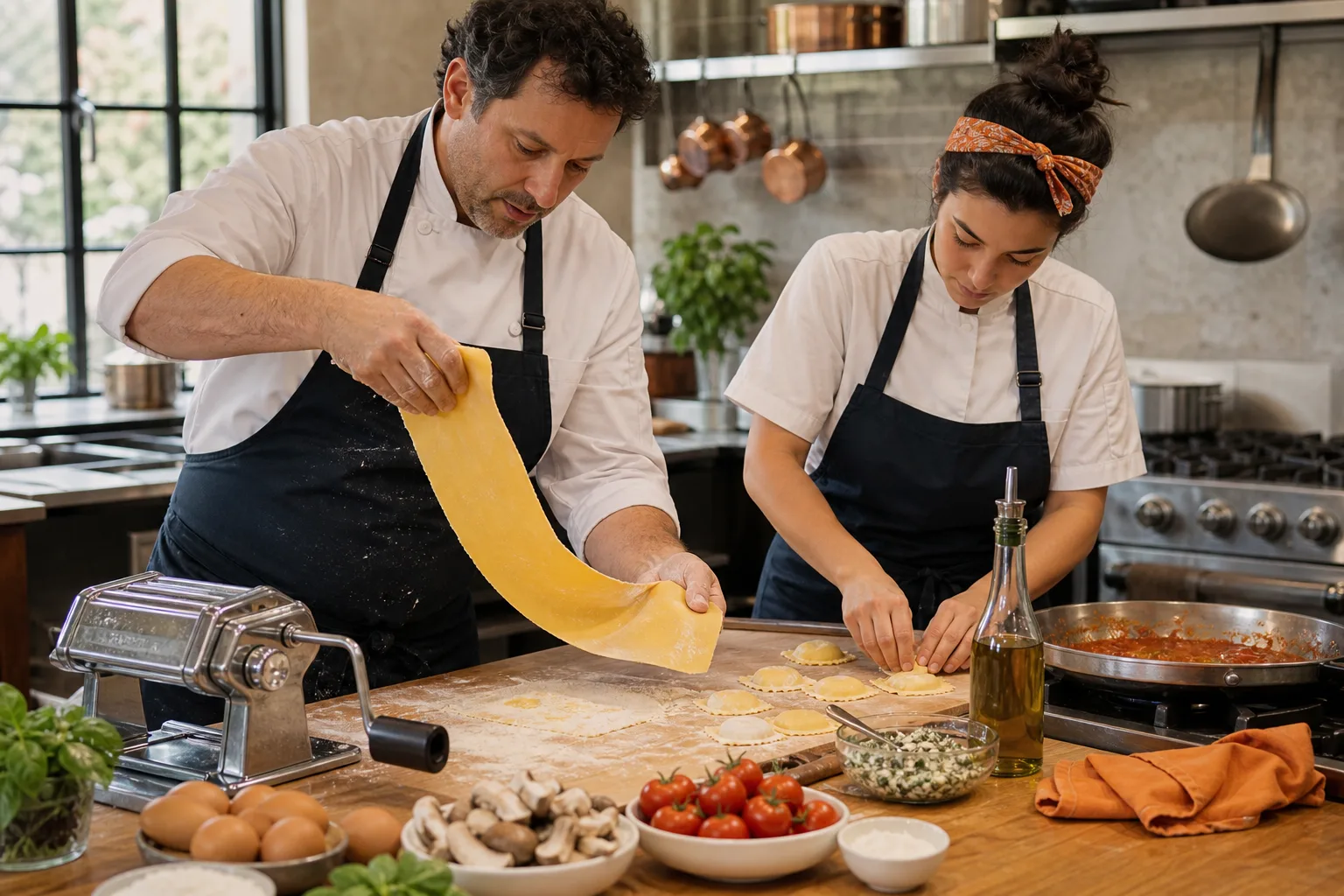 Chef enseñando la elaboración artesanal de pasta fresca en una cocina profesional