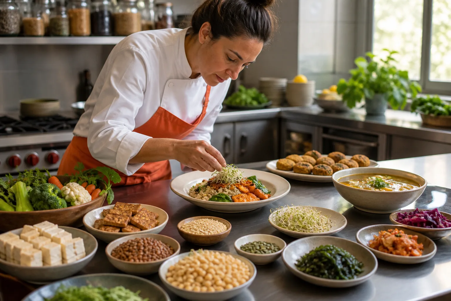 Chef preparando un plato vegetariano equilibrado con alimentos vegetales variados