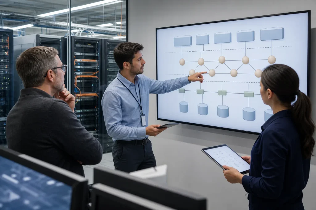 Equipo de software revisando una arquitectura distribuida de aplicaciones empresariales