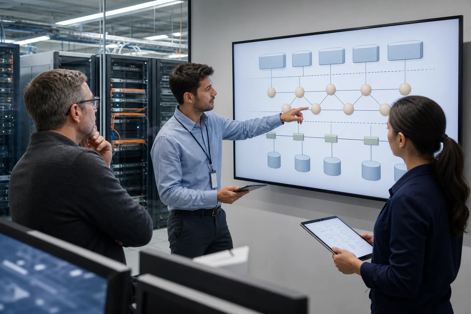 Equipo de software revisando una arquitectura distribuida de aplicaciones empresariales