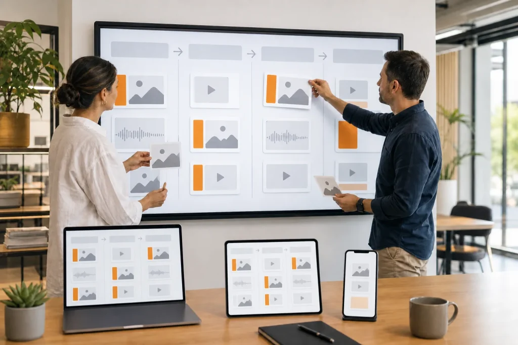 Profesionales organizando un flujo de contenidos digitales para distintos canales y dispositivos