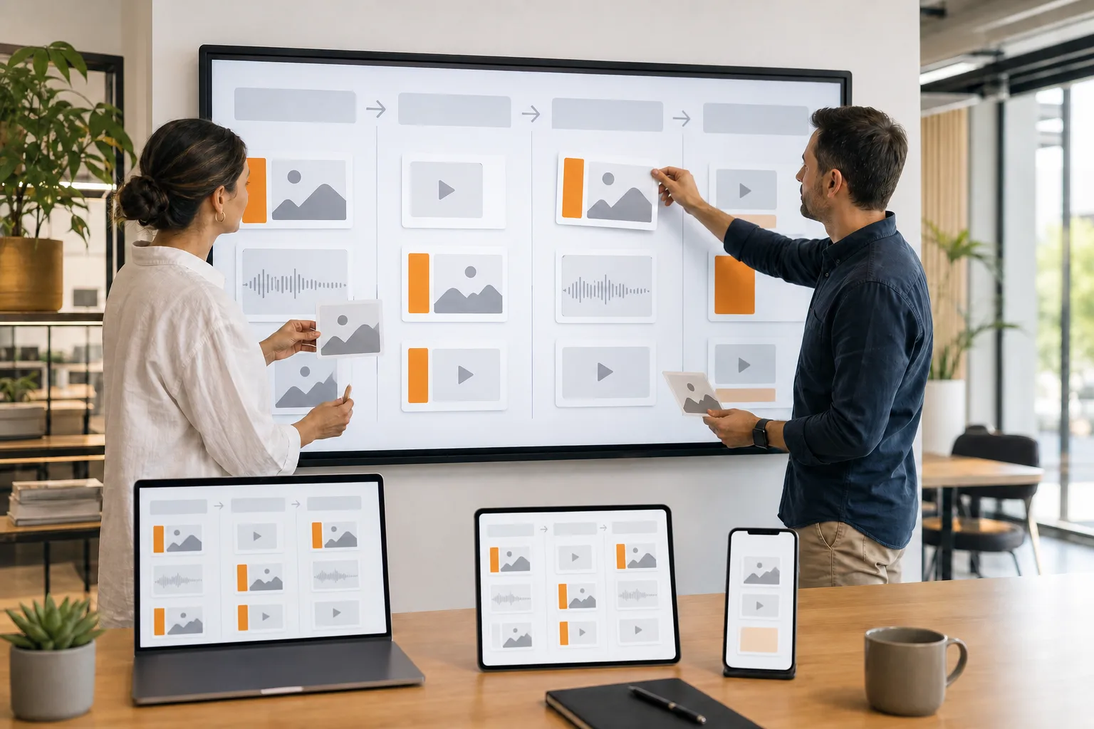 Profesionales organizando un flujo de contenidos digitales para distintos canales y dispositivos