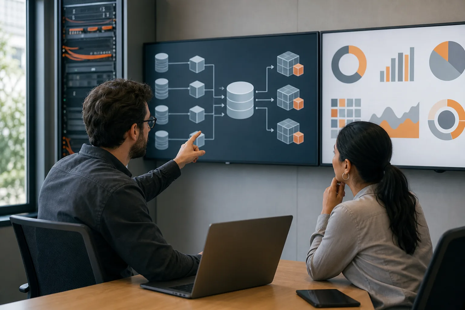 Profesionales revisando el flujo de datos hacia un almacén central y sus indicadores de negocio