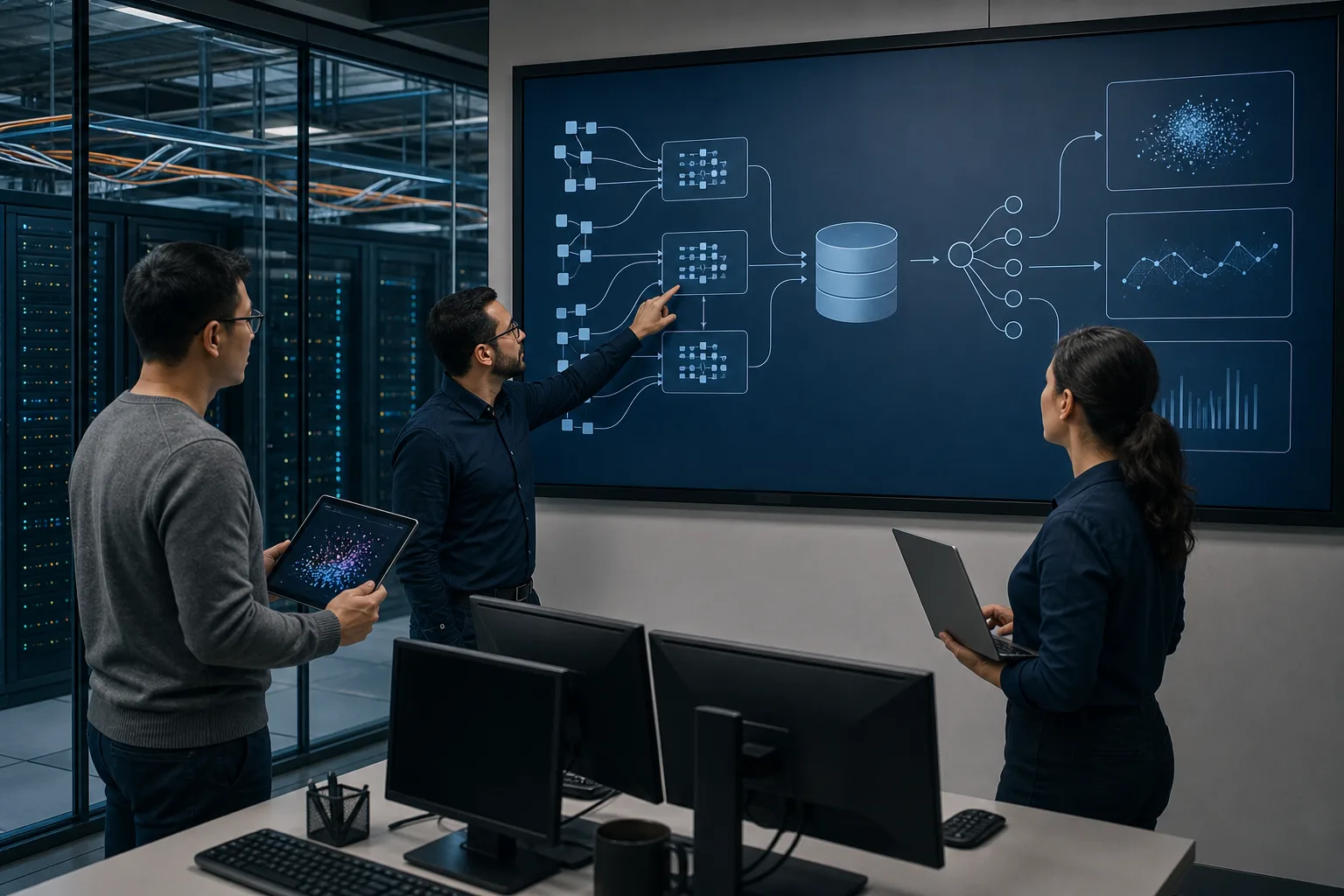 Equipo de datos trabajando con una plataforma de minería de datos y procesamiento distribuido
