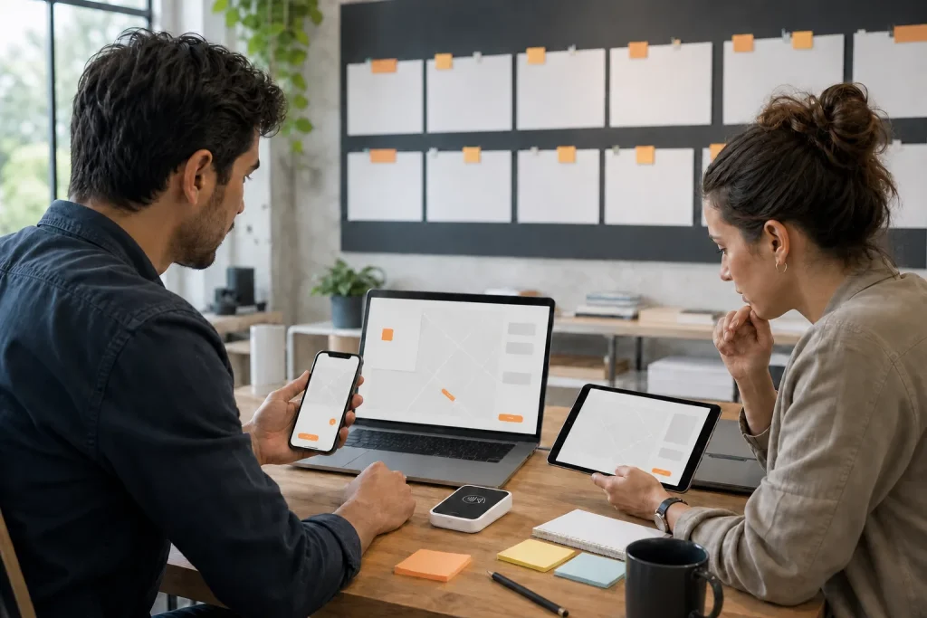 Profesionales probando una aplicación coherente en móvil, tableta y ordenador