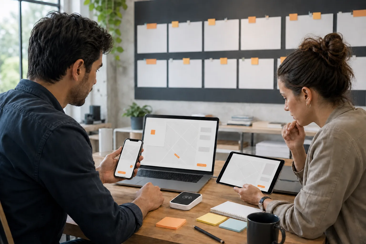 Profesionales probando una aplicación coherente en móvil, tableta y ordenador