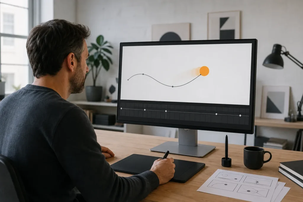 Diseñador creando una animación gráfica mediante trayectoria y fotogramas clave