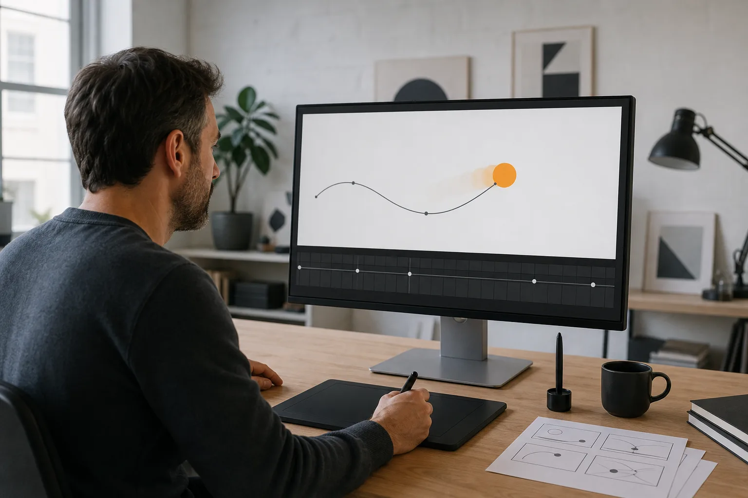 Diseñador creando una animación gráfica mediante trayectoria y fotogramas clave