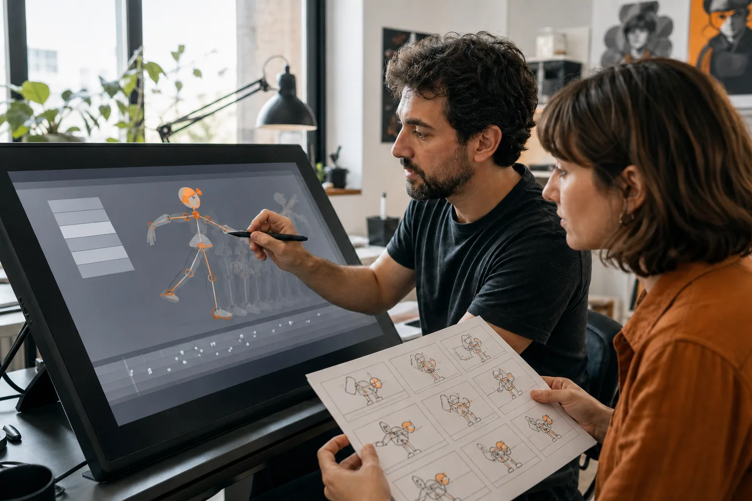 Animadores trabajando con capas, esqueleto de personaje y secuencia de fotogramas