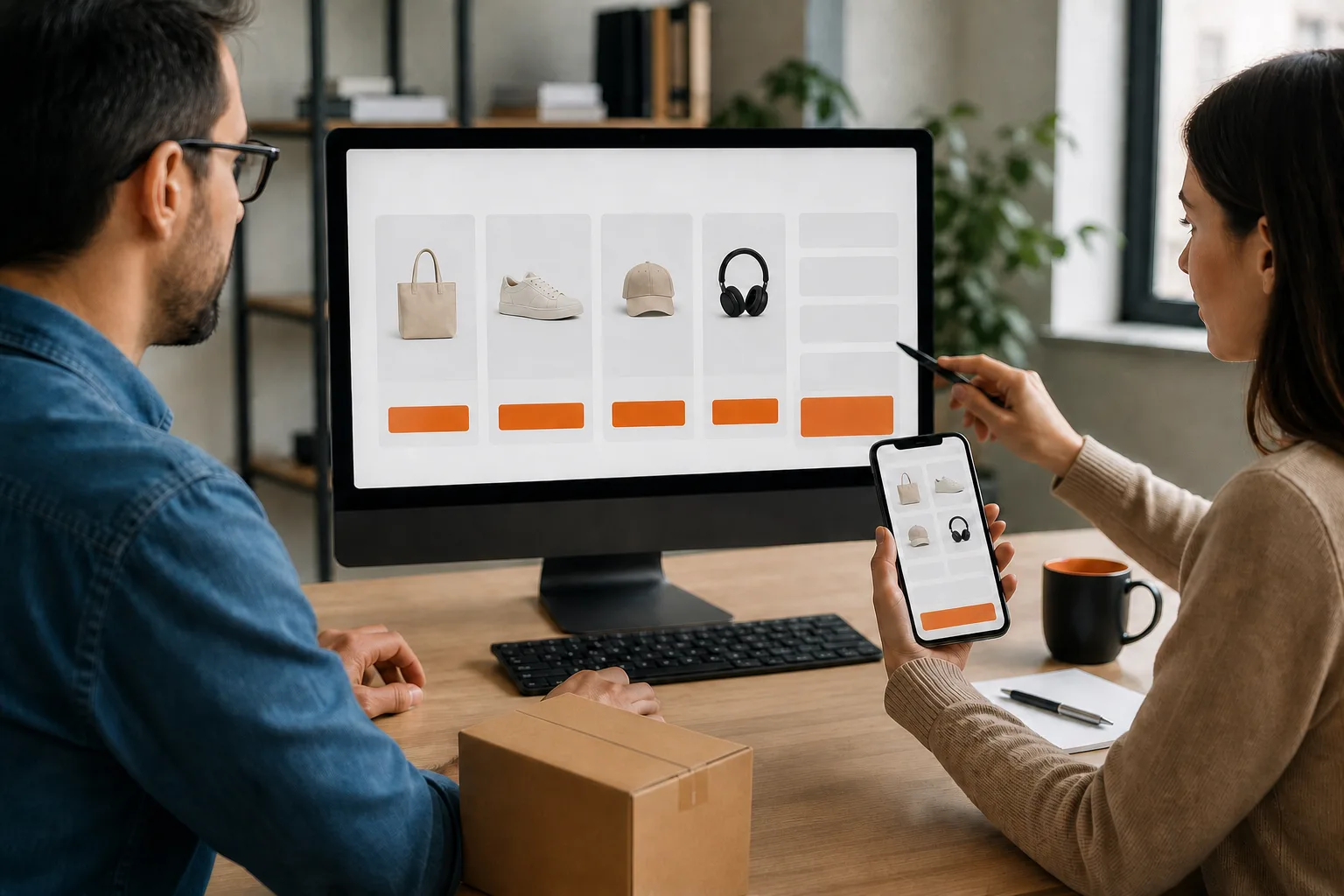 Profesionales probando una tienda web y su proceso de compra en ordenador y móvil
