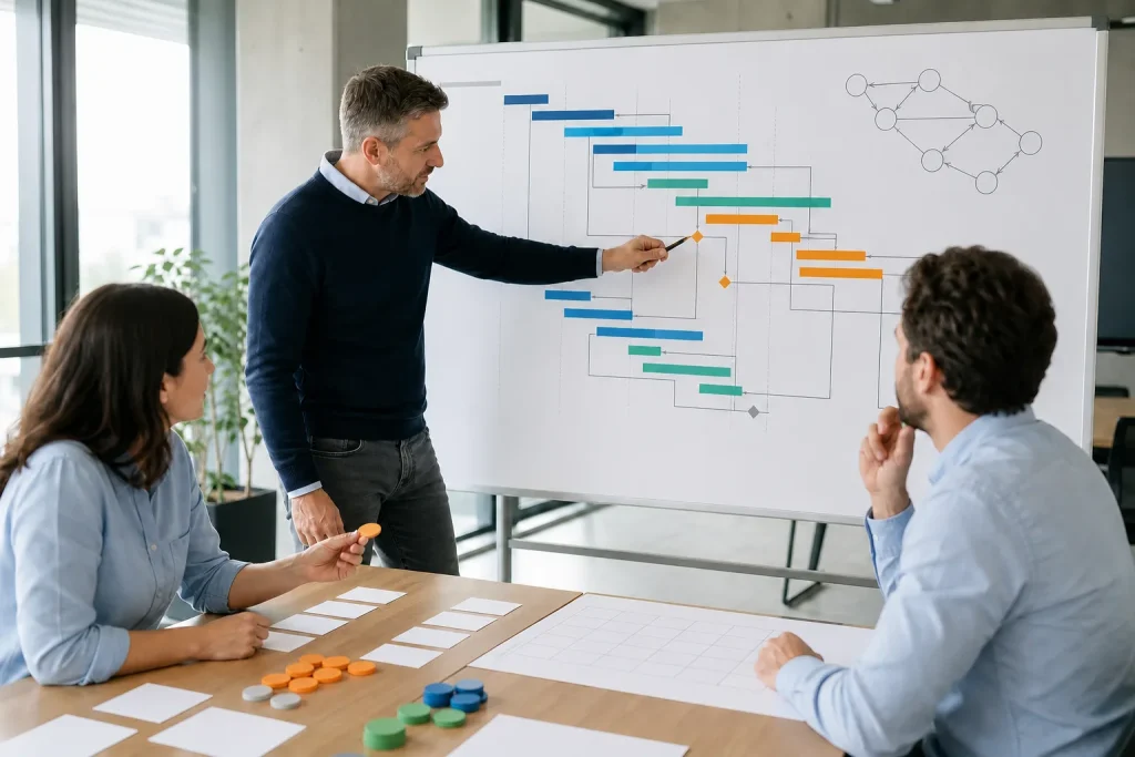 Gestor de proyectos guiando al equipo con un cronograma, dependencias y recursos