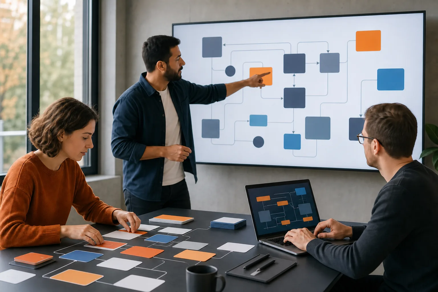 Equipo de ingeniería de software diseñando una arquitectura modular con diagramas y tarjetas
