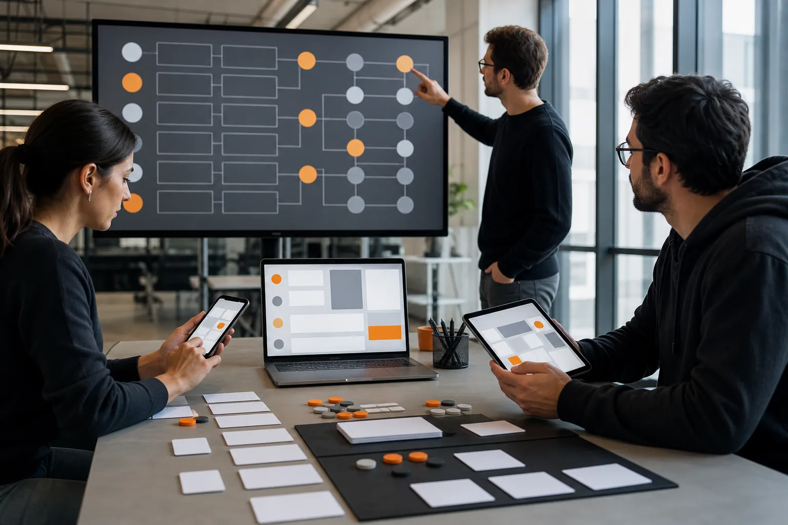 Equipo de calidad probando una aplicación en varios dispositivos con una matriz visual de casos