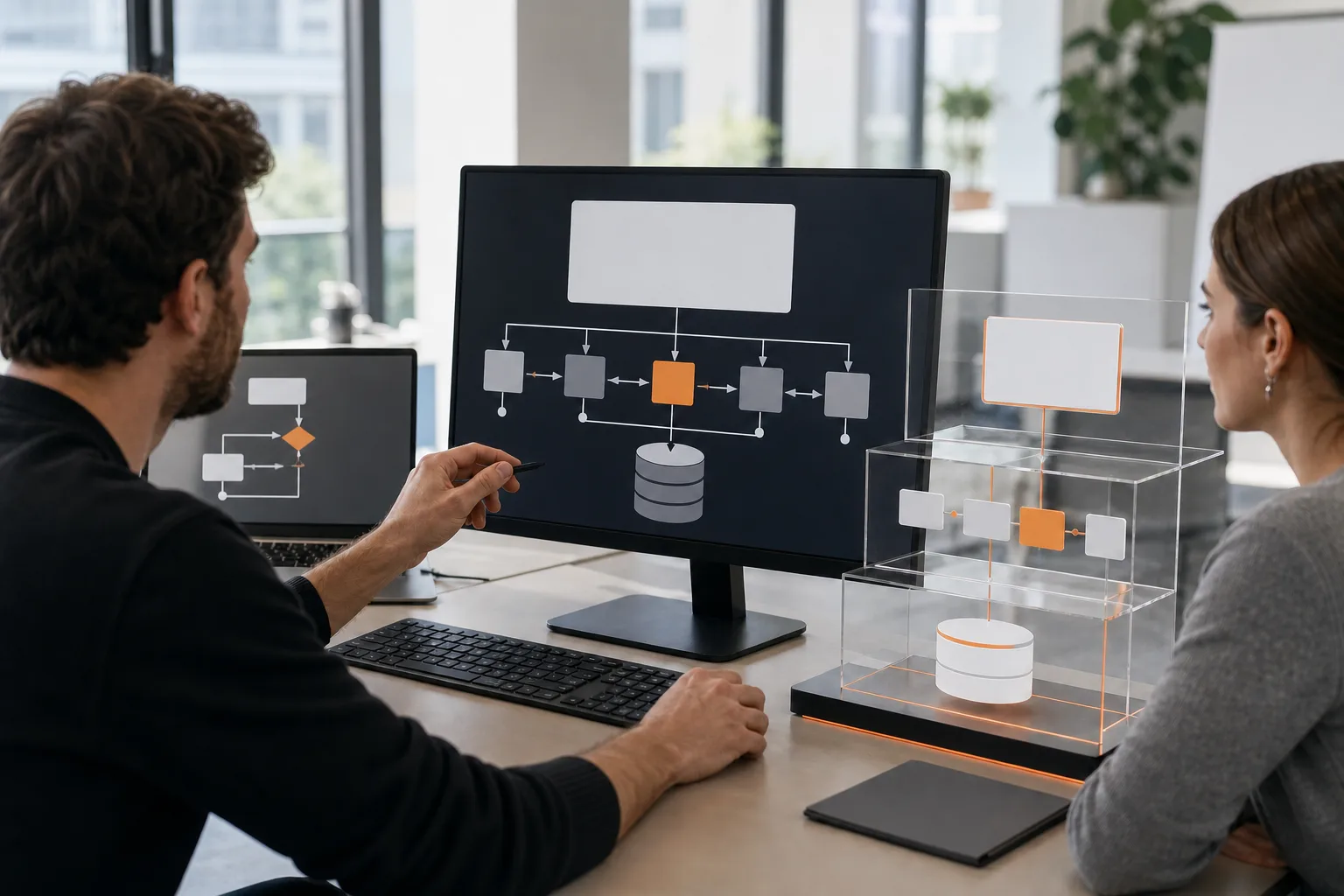 Profesionales diseñando una aplicación web por capas con controladores y base de datos