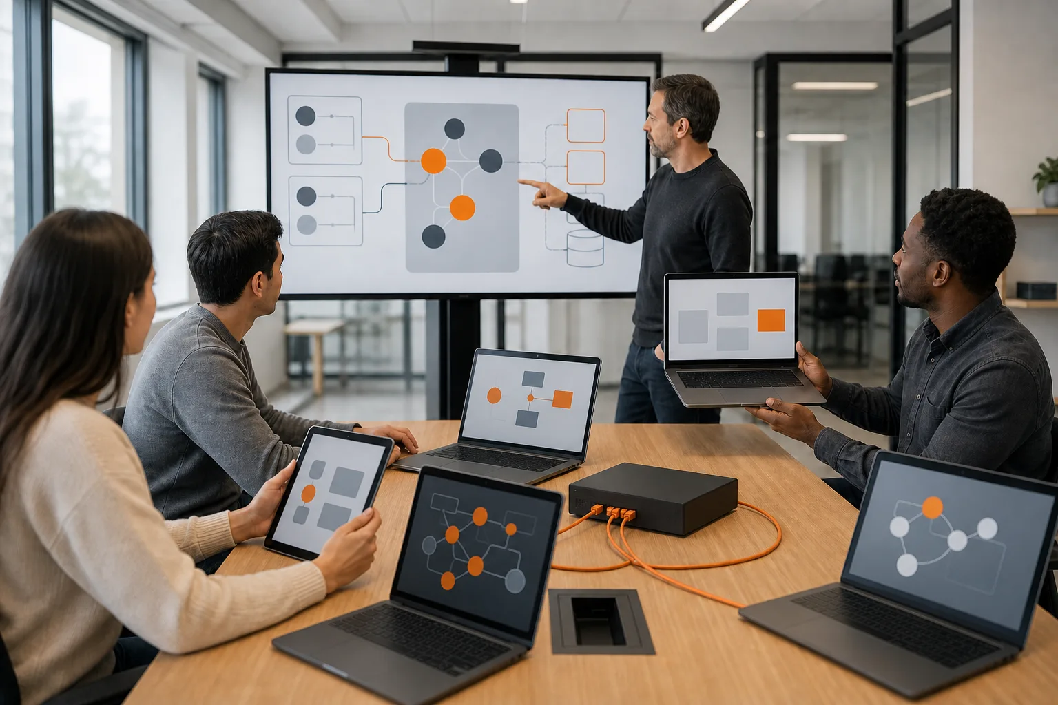 Equipo de programación construyendo una aplicación distribuida entre varios dispositivos