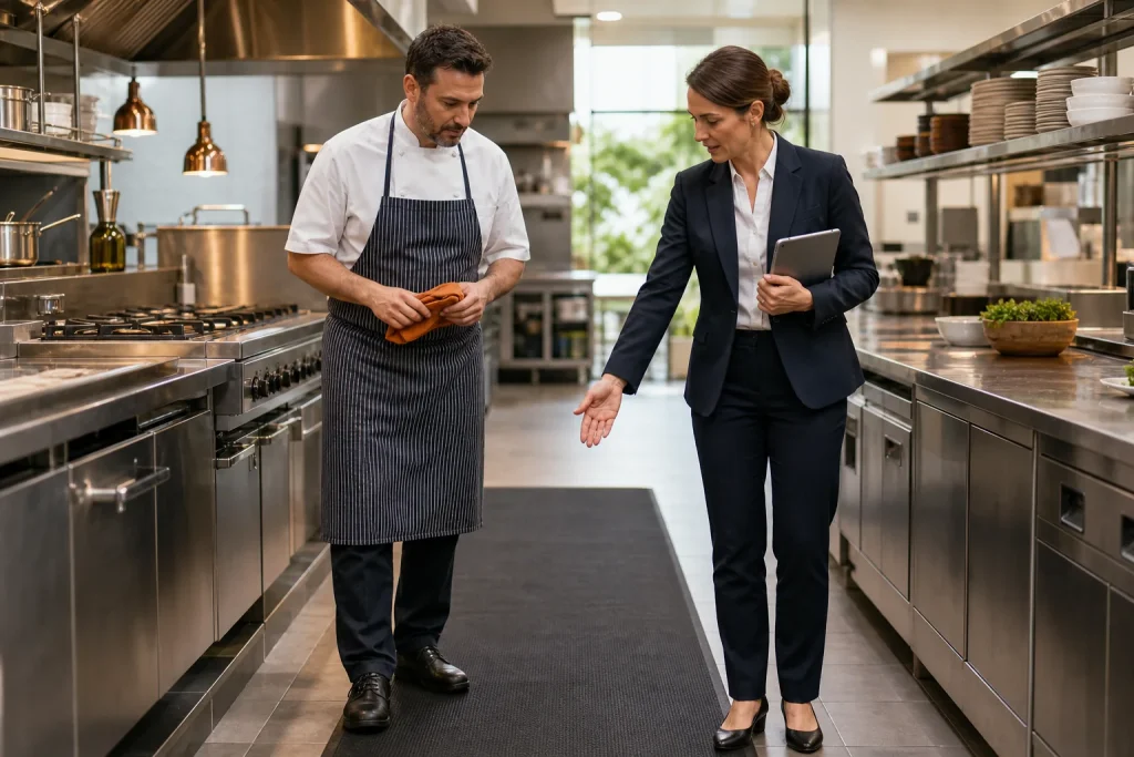 Chef y supervisora revisando la seguridad de una cocina de hotel