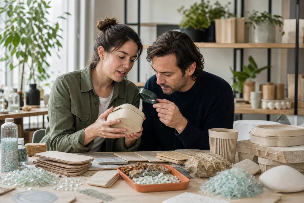 Profesionales analizando un prototipo y materiales reciclados para ecodiseño
