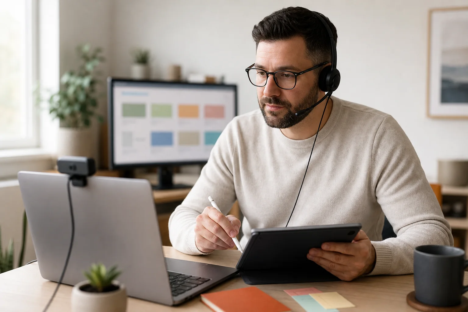Tutor de cursos online trabajando con portátil, tableta y auriculares