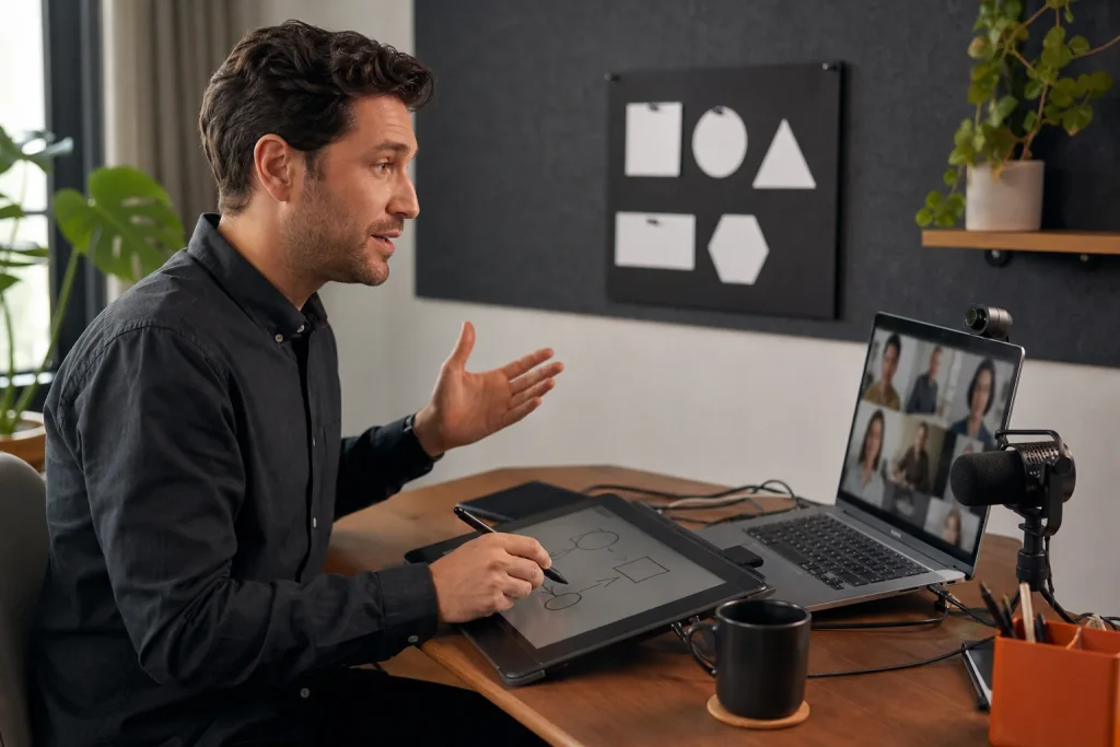 Tutor impartiendo una sesión de teleformación con tableta gráfica