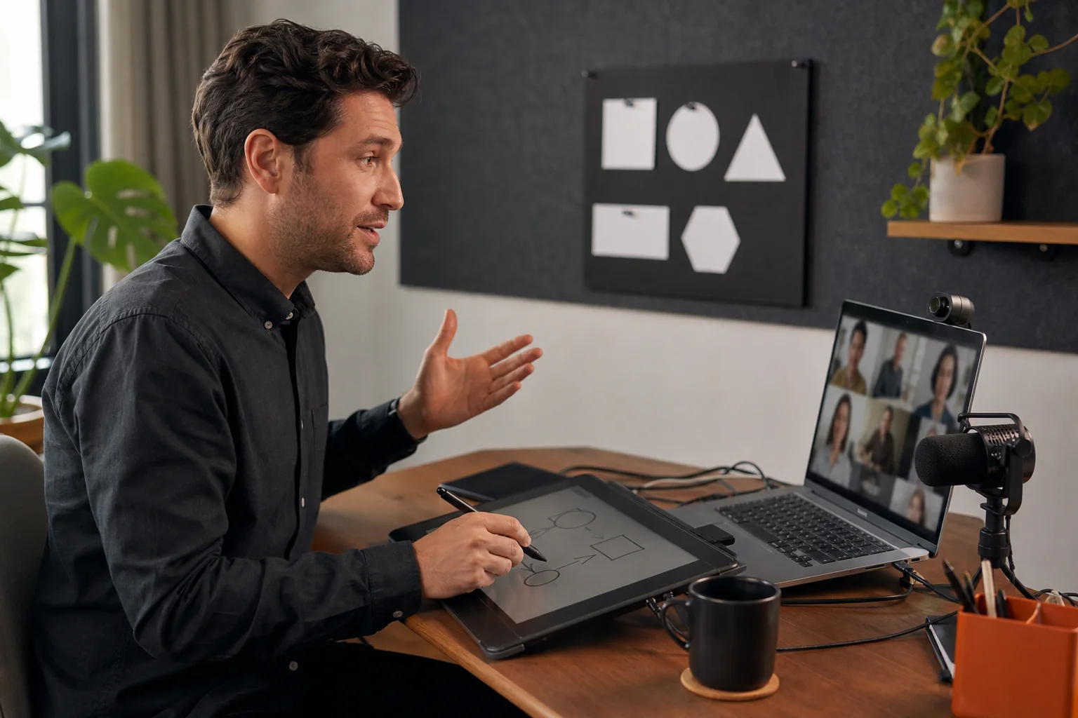 Tutor impartiendo una sesión de teleformación con tableta gráfica