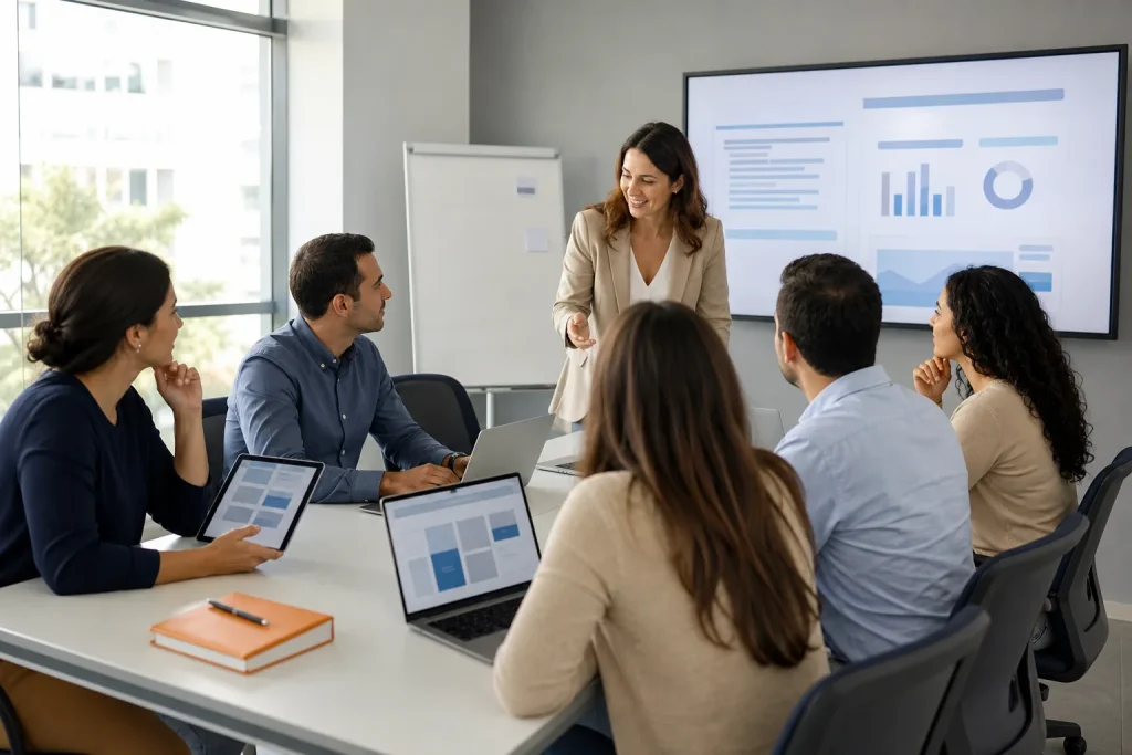 Escena profesional de administración y gestión para capacidades digitales en banca