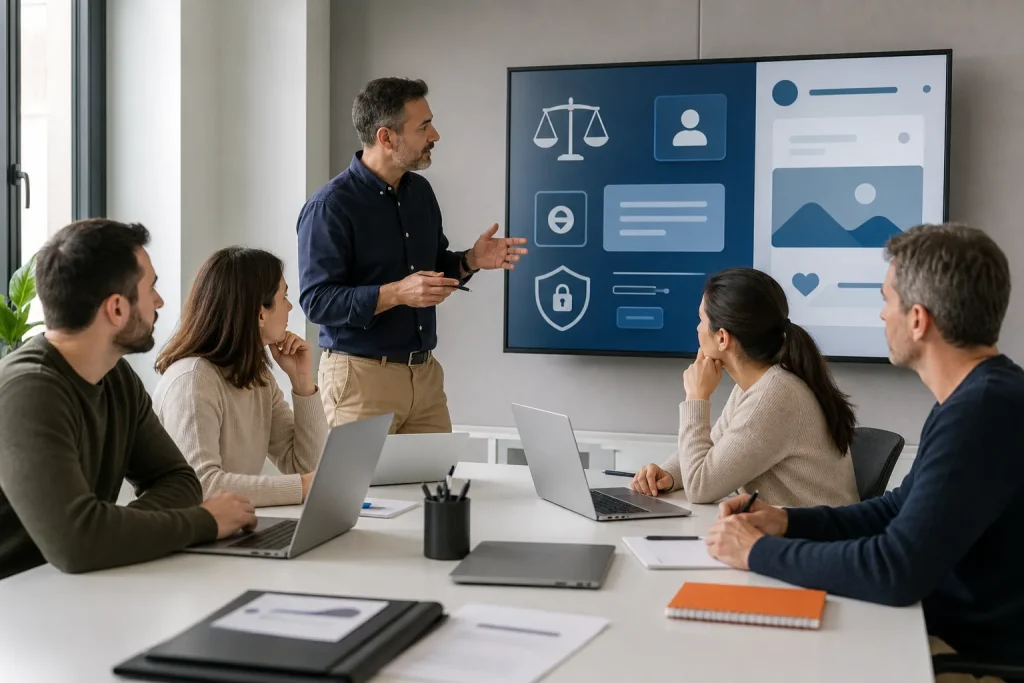 Escena profesional de administración y gestión para legalidad en medios digitales
