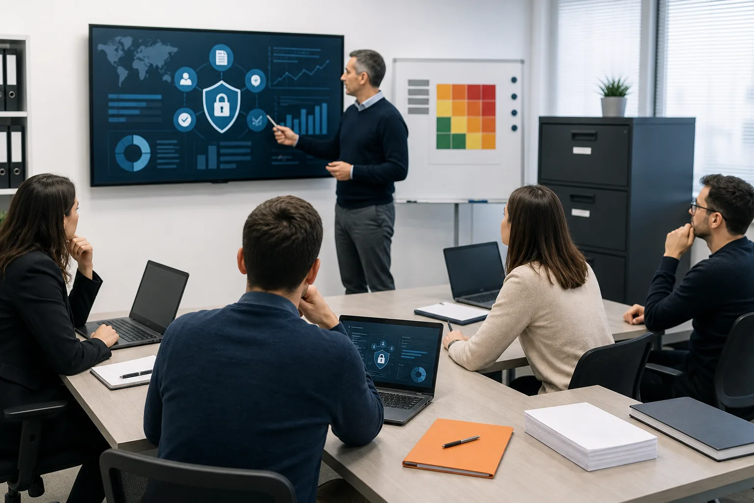 Escena profesional de administración y gestión para Norma ISO 27001