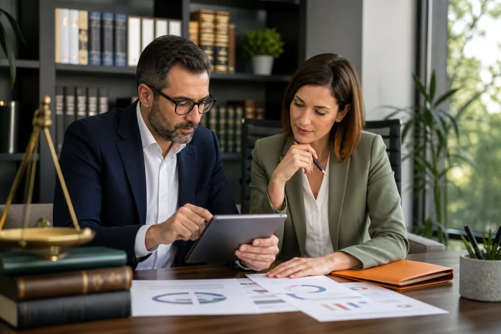 Escena profesional de asesoría legal sobre contenidos digitales protegidos