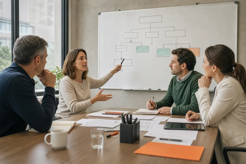 Equipo profesional definiendo objetivos empresariales con modelo OKR