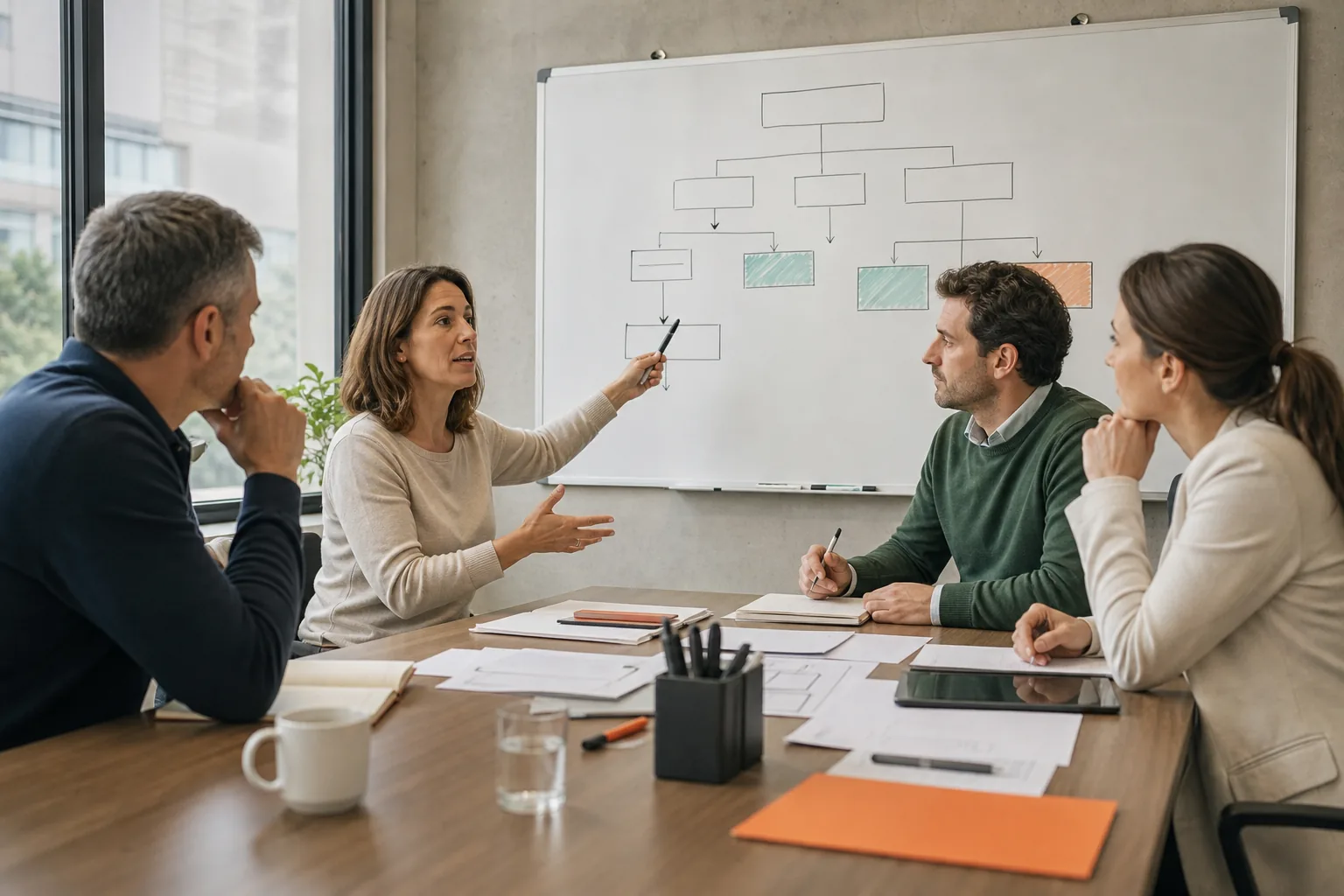 Equipo profesional definiendo objetivos empresariales con modelo OKR