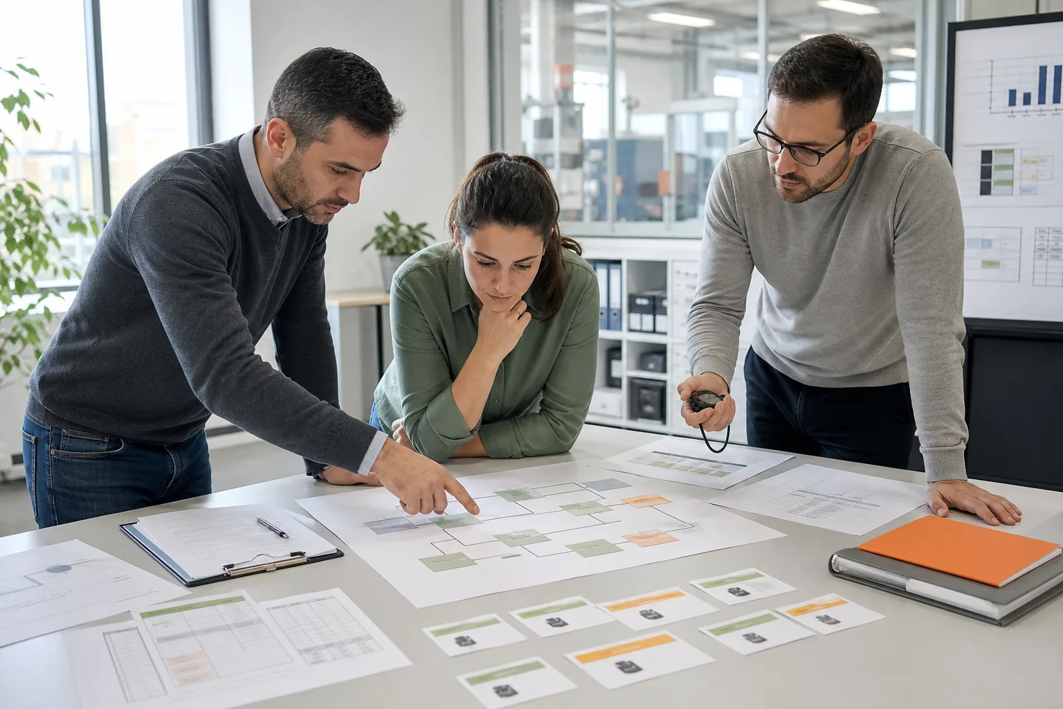 Profesionales analizando métodos y tiempos en procesos operativos
