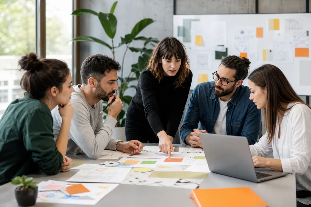Equipo profesional trabajando habilidades disruptivas e innovación empresarial