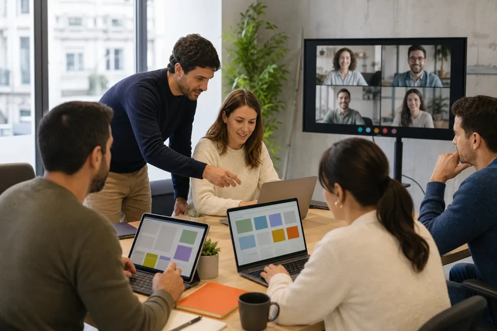 Equipo trabajando con aplicaciones profesionales de productividad en la nube