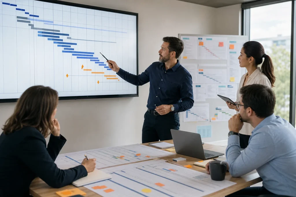 Profesionales revisando cronogramas para planificación de proyectos