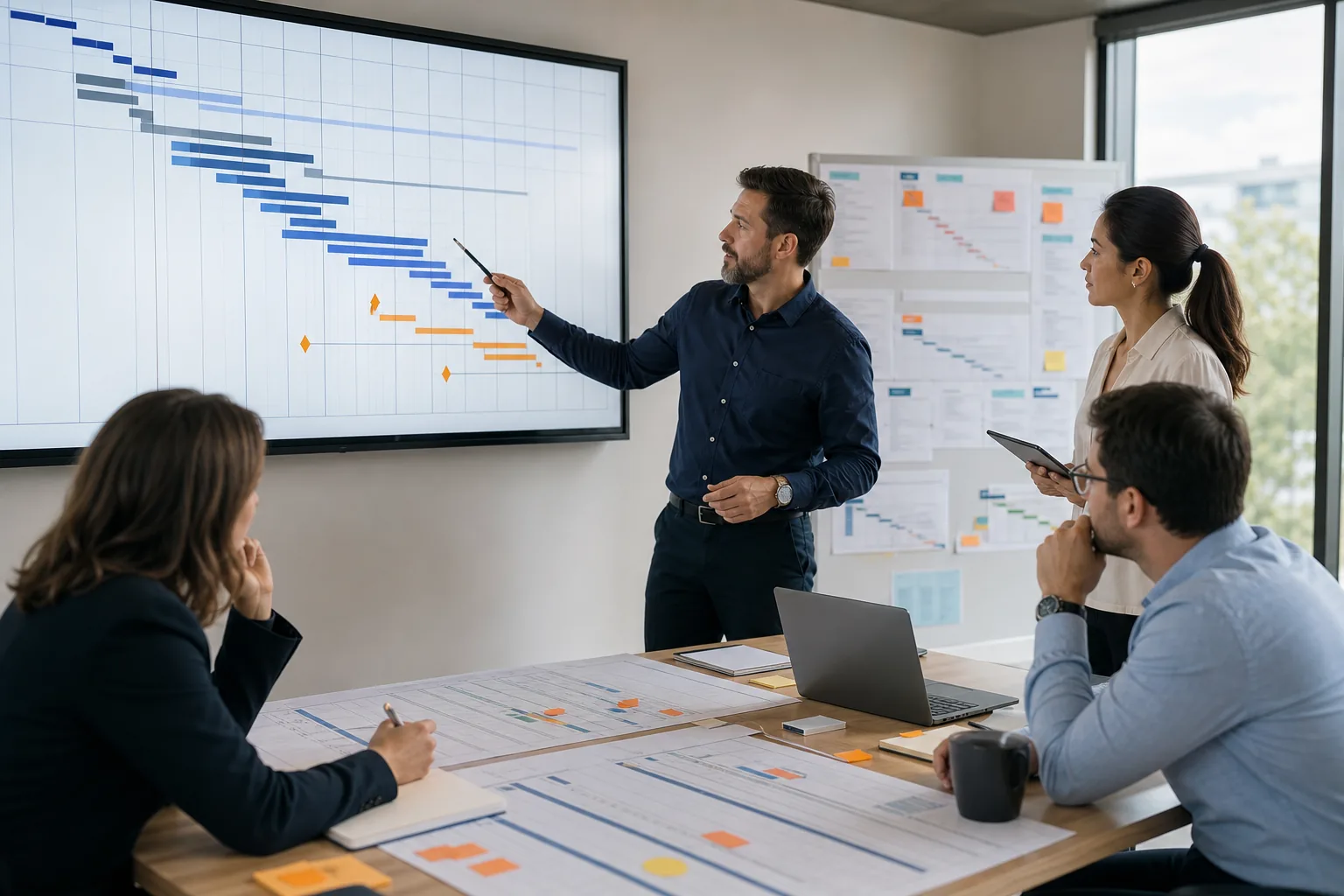 Profesionales revisando cronogramas para planificación de proyectos