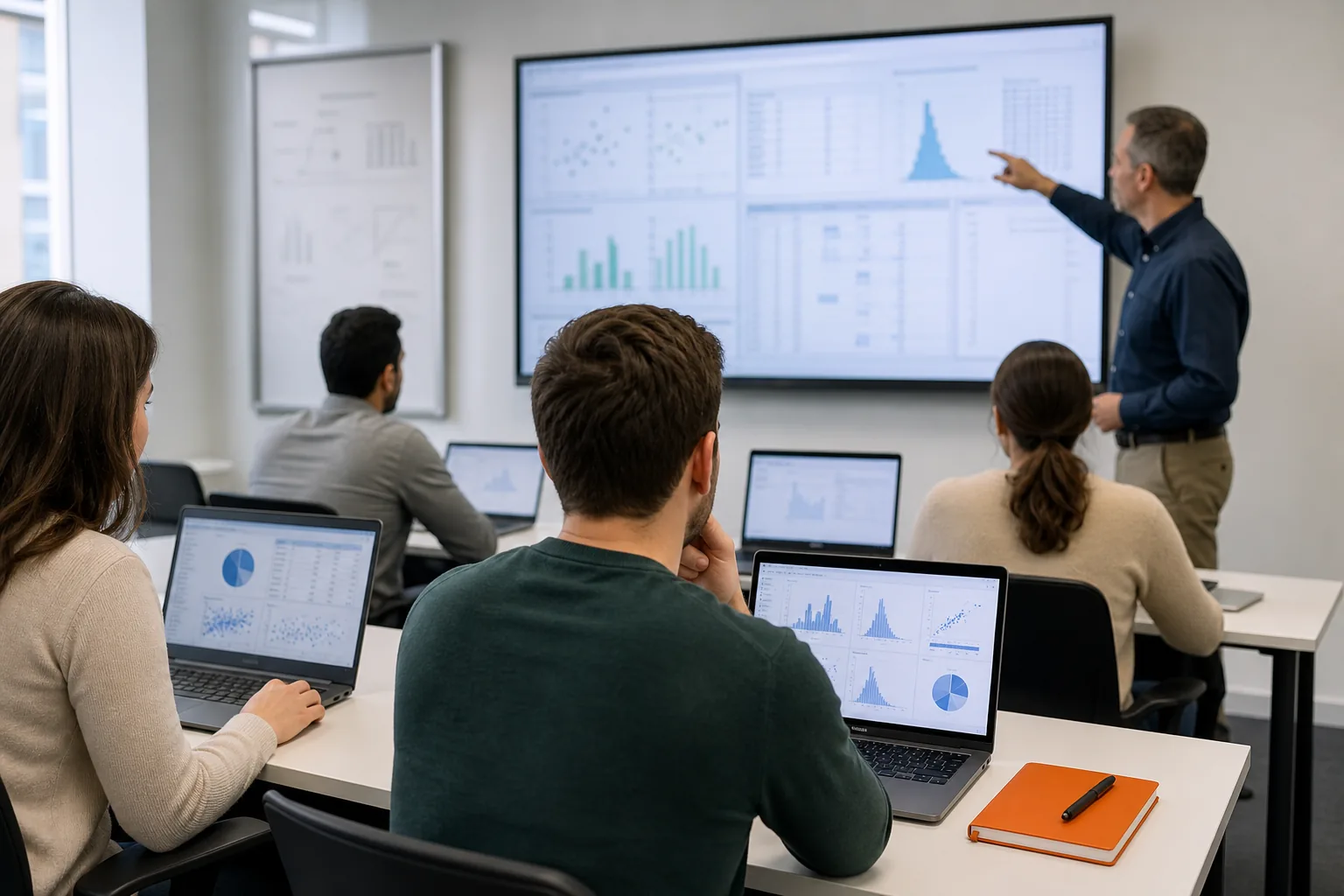 Alumnos analizando datos estadísticos en un aula digital