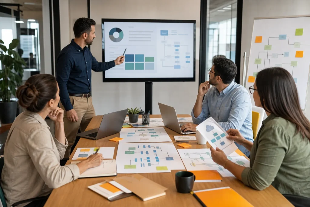 Equipo profesional planificando la digitalización del entorno empresarial