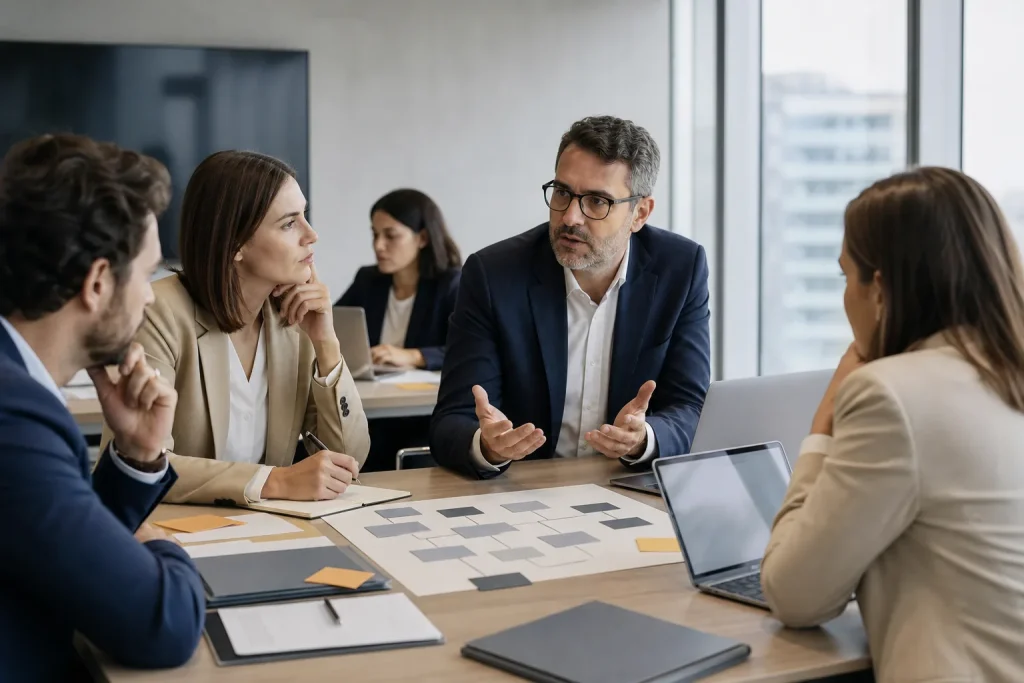 Profesionales debatiendo ética y conducta en el sector financiero