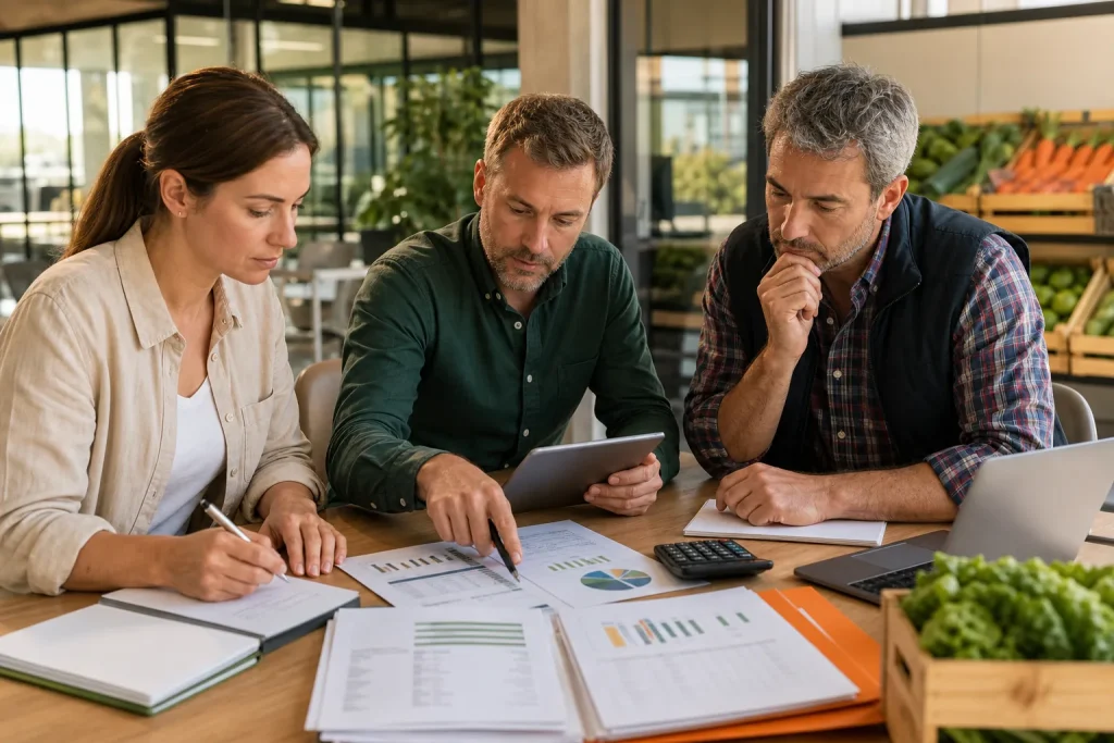 Profesionales revisando documentación fiscal del sector agrario