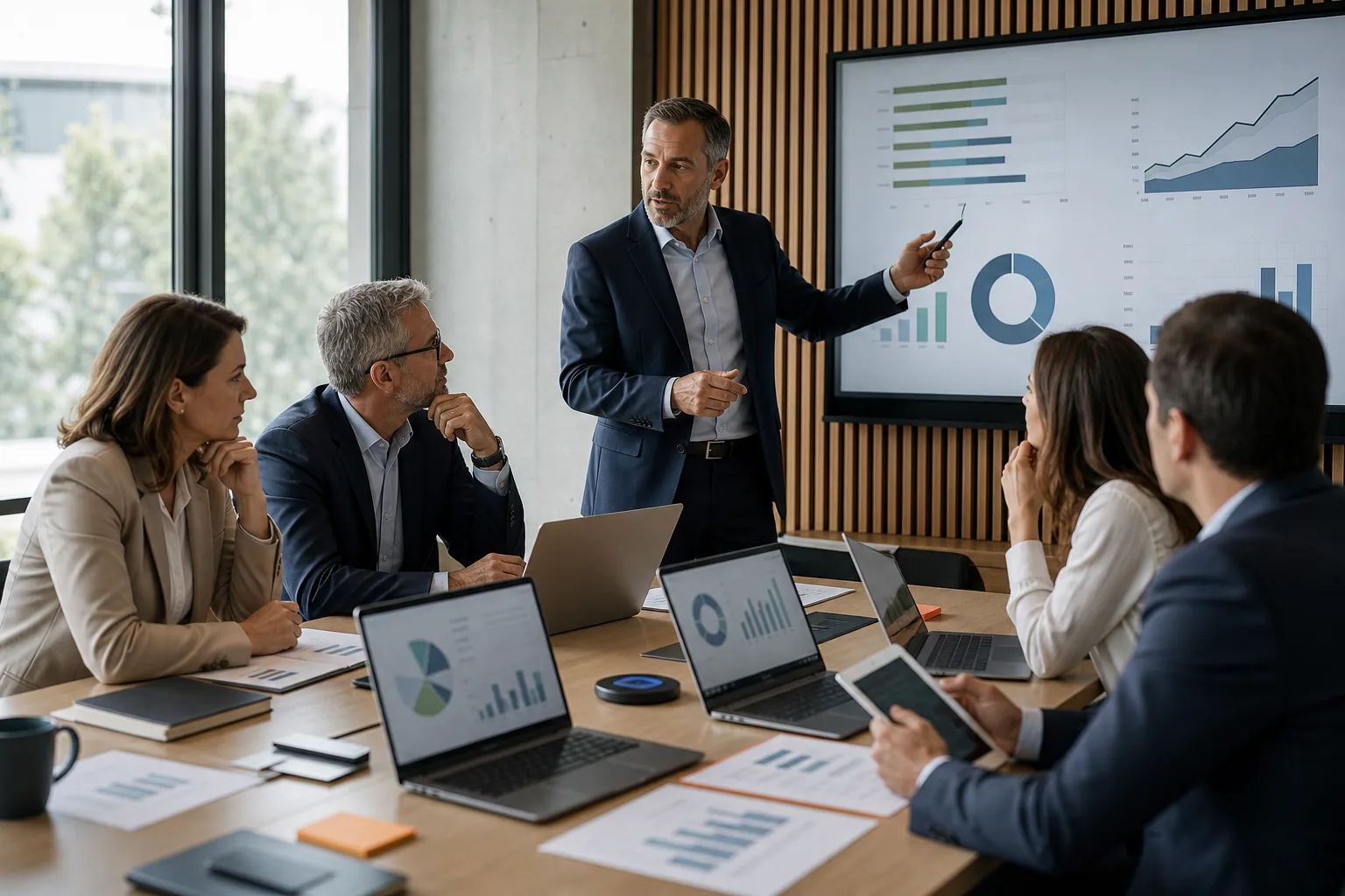 Directivos analizando escenarios financieros en una sesión formativa