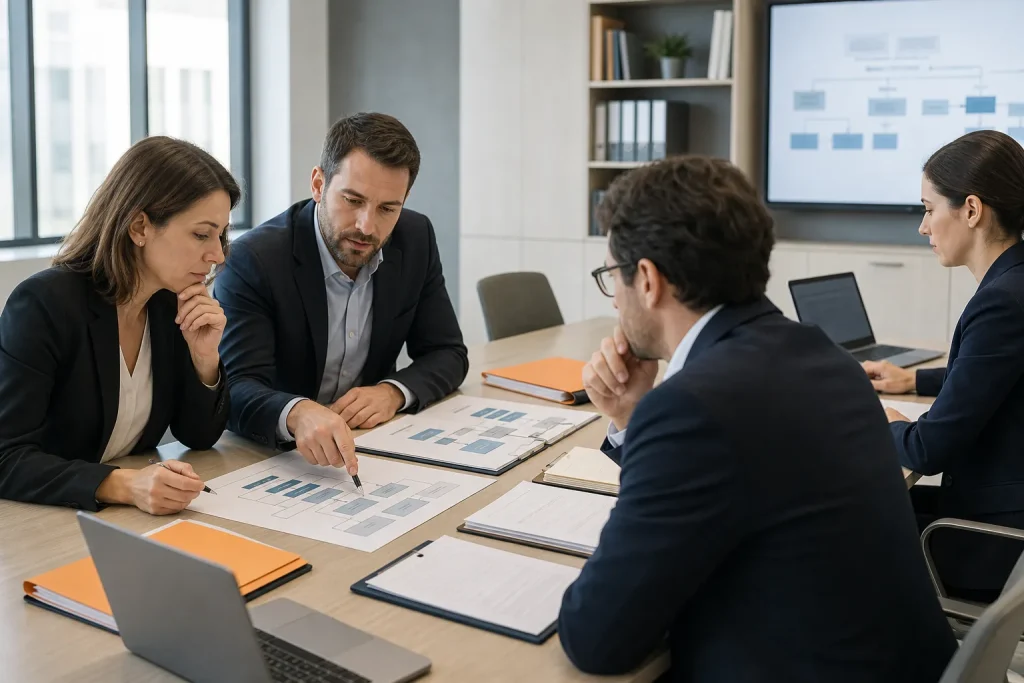 Profesionales revisando contratación pública y documentación administrativa